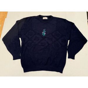 Women's Lady Pinnacle Knit Sweater Blue Embroidered Flower Made In USA